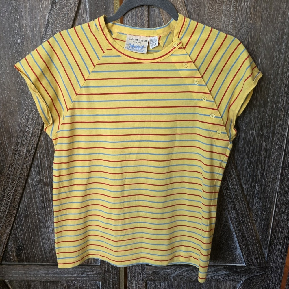 Levi Strauss & Co Shirt Women's Size Large Yellow Blue Red Stripes Short Sleeve
